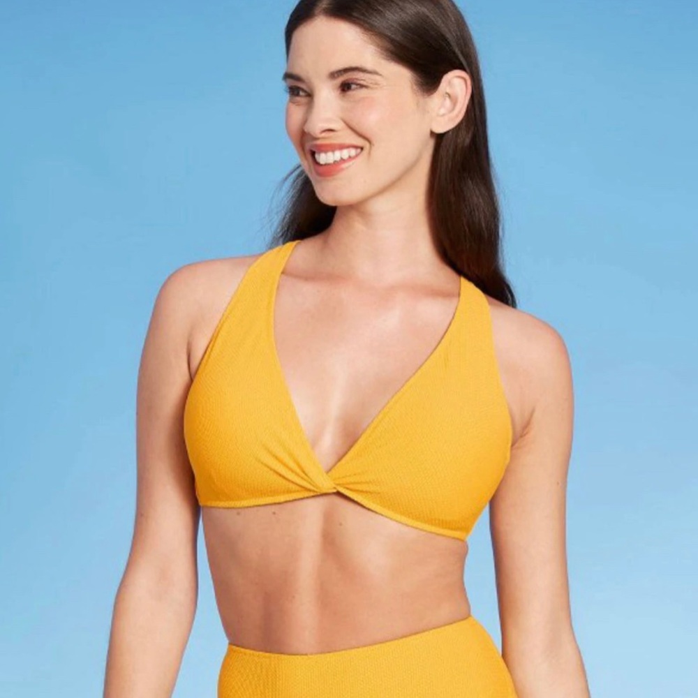 Shade & Shore Textured Plunge Twist Front Bikini Top in Yellow 34C